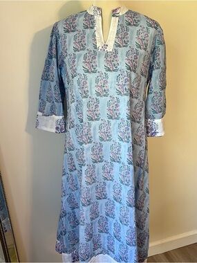 Clara The Label Cotton Tunic Dress Blue Floral Size M 3/4 sleeve cottage